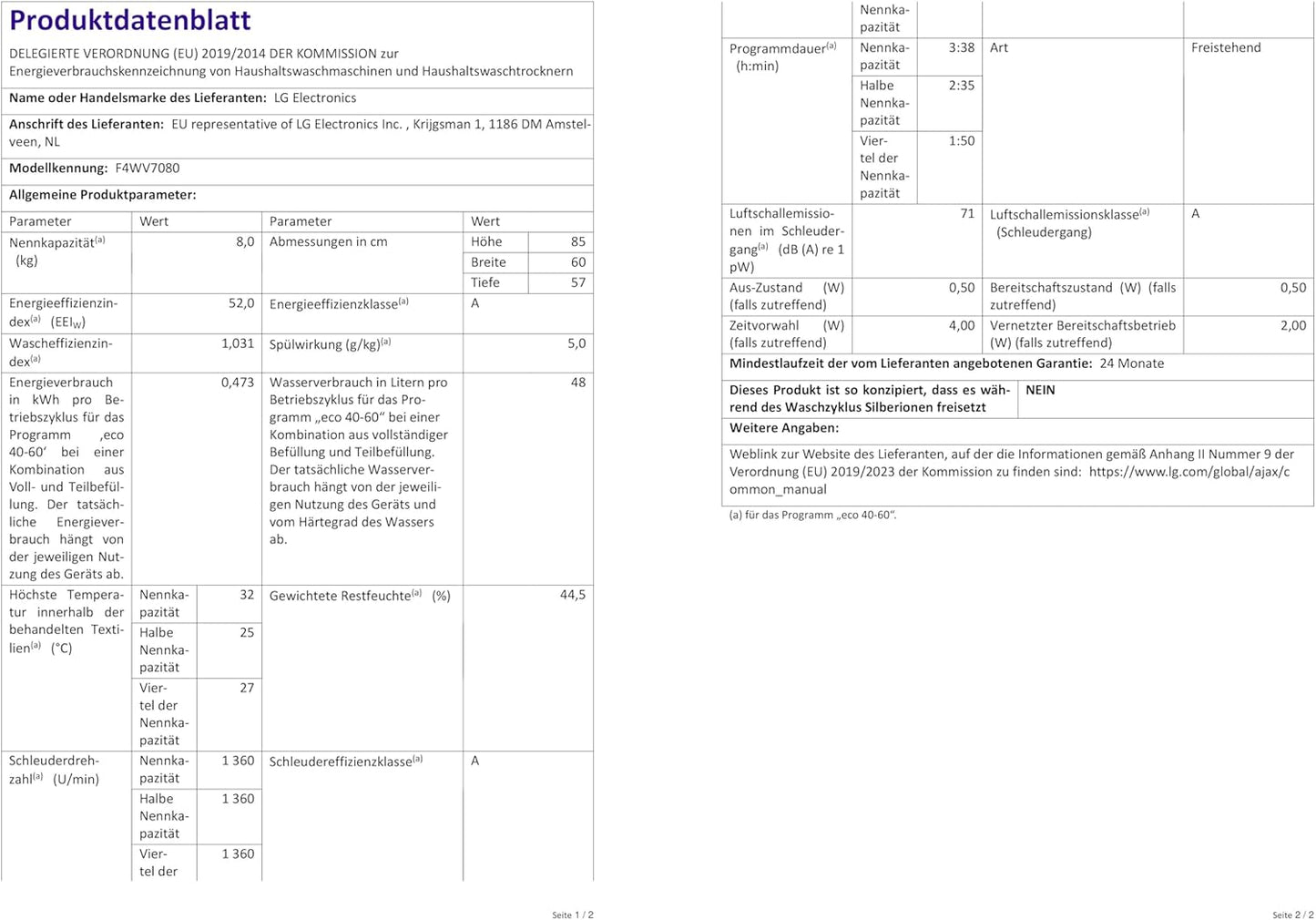 LG F4WV7080, Klasse A, Frontlader-Waschmaschine 8 kg, 1400 U/Min, AI Direct Drive, Wi-Fi, Tiefenreinigung mit Dampf, Groe Kapazitt, TRIPLE A, Außentür aus Sicherheitsglas, 62 x 60 x 85 cm Wei