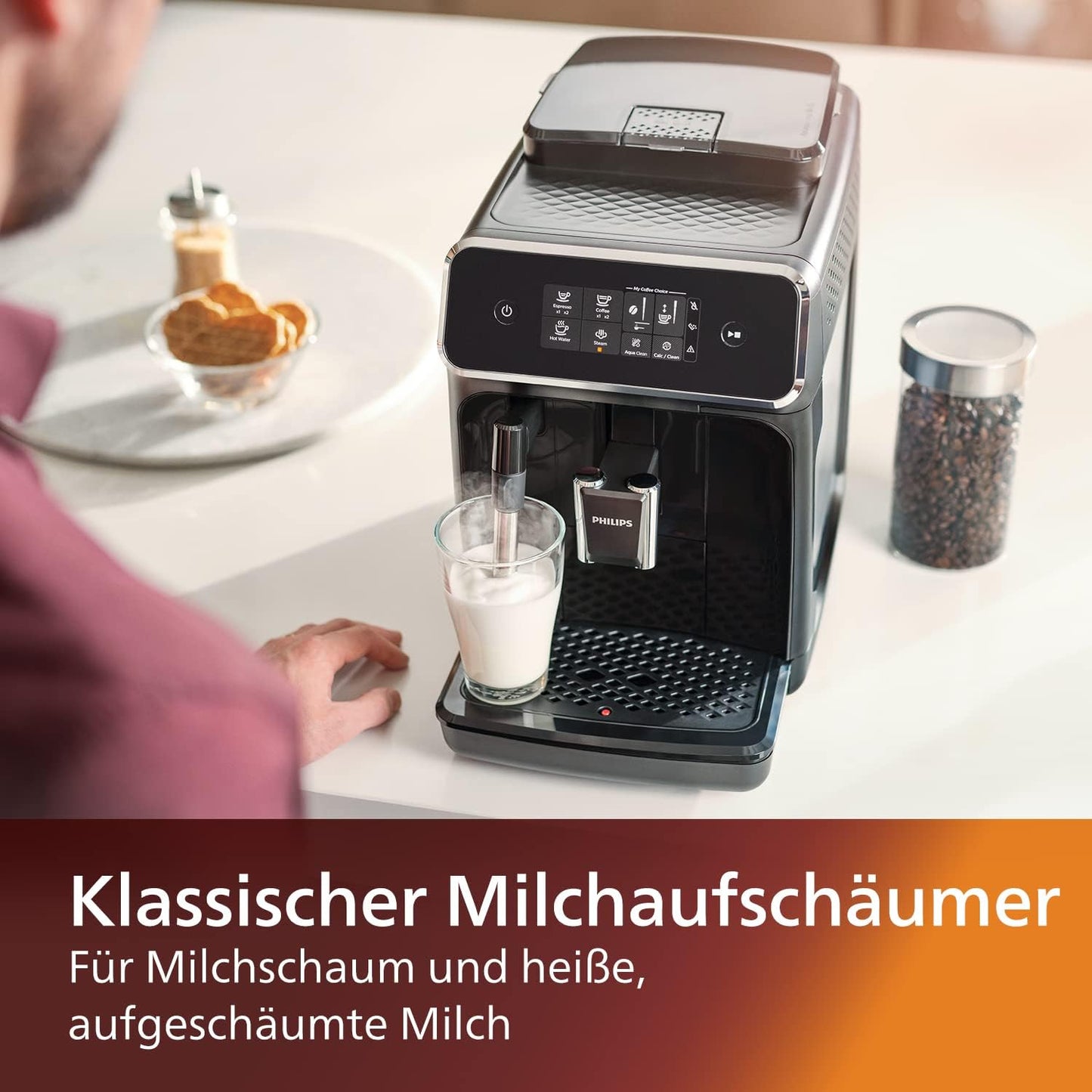 Philips Serie 2200 Kaffeevollautomat – Klassischer Milchaufschumer, Intuitives Touchdisplay, mattes Schwarz (EP2220/10)