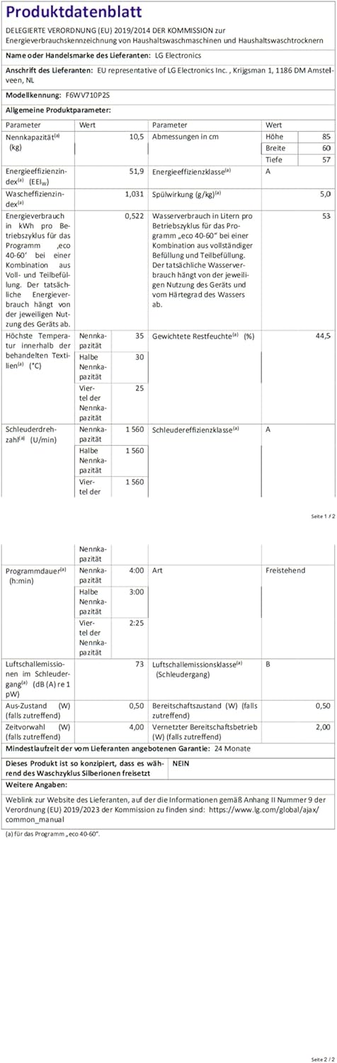 LG F4WV7080, Klasse A, Frontlader-Waschmaschine 8 kg, 1400 U/Min, AI Direct Drive, Wi-Fi, Tiefenreinigung mit Dampf, Groe Kapazitt, TRIPLE A, Außentür aus Sicherheitsglas, 62 x 60 x 85 cm Wei