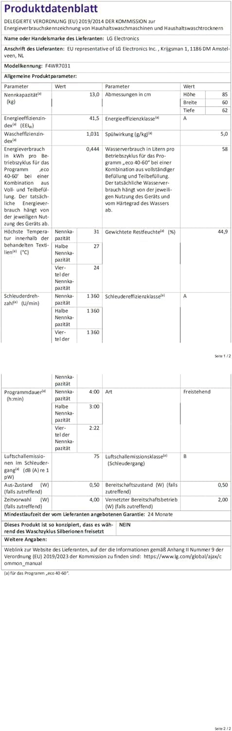 LG F4WV7080, Klasse A, Frontlader-Waschmaschine 8 kg, 1400 U/Min, AI Direct Drive, Wi-Fi, Tiefenreinigung mit Dampf, Groe Kapazitt, TRIPLE A, Außentür aus Sicherheitsglas, 62 x 60 x 85 cm Wei