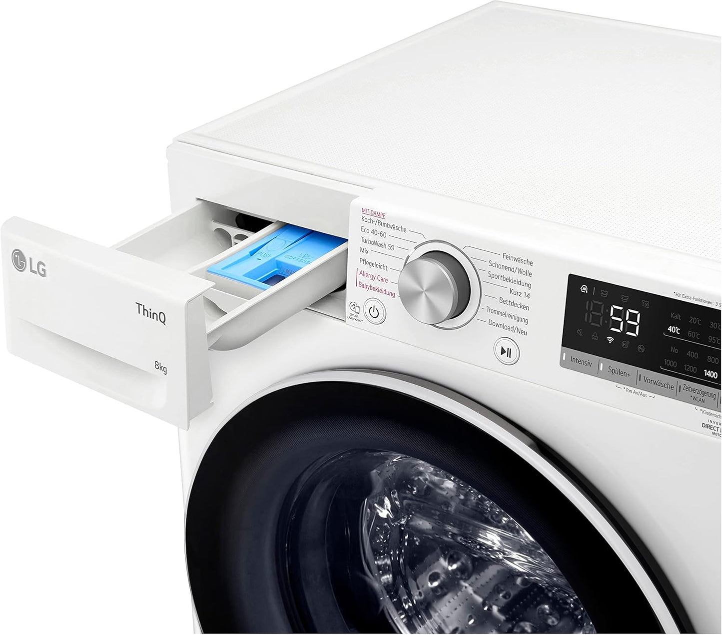 LG F4WV7080, Klasse A, Frontlader-Waschmaschine 8 kg, 1400 U/Min, AI Direct Drive, Wi-Fi, Tiefenreinigung mit Dampf, Groe Kapazitt, TRIPLE A, Außentür aus Sicherheitsglas, 62 x 60 x 85 cm Wei