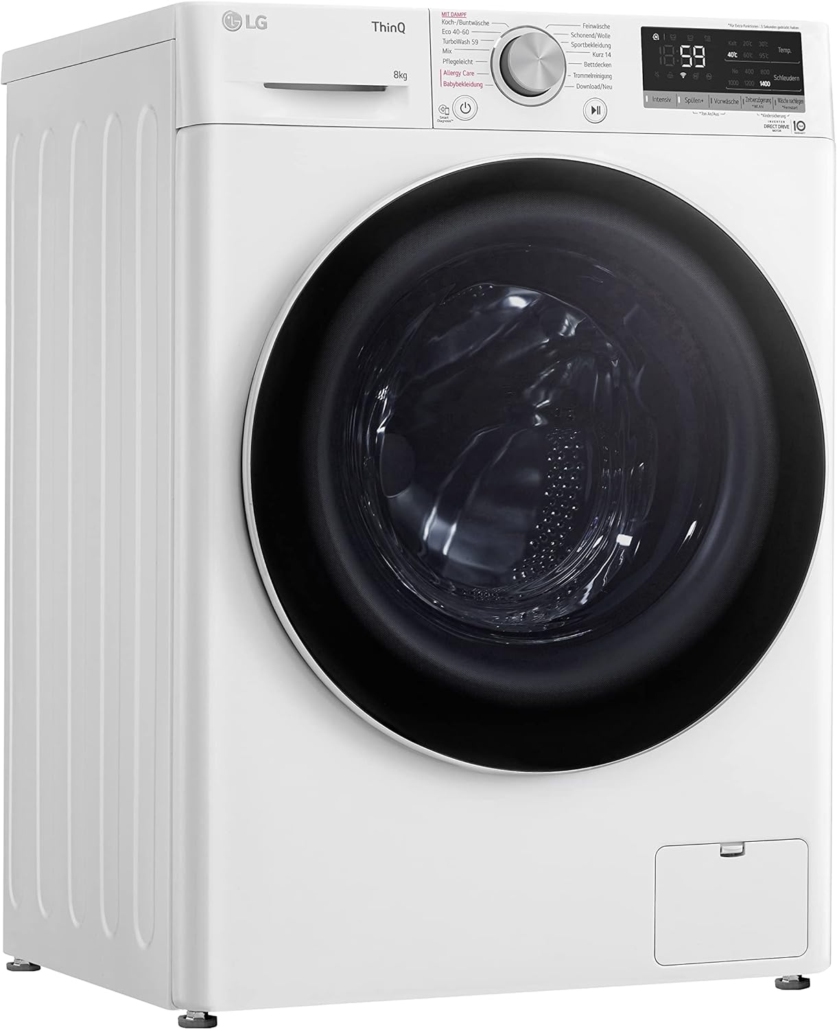 LG F4WV7080, Klasse A, Frontlader-Waschmaschine 8 kg, 1400 U/Min, AI Direct Drive, Wi-Fi, Tiefenreinigung mit Dampf, Groe Kapazitt, TRIPLE A, Außentür aus Sicherheitsglas, 62 x 60 x 85 cm Wei