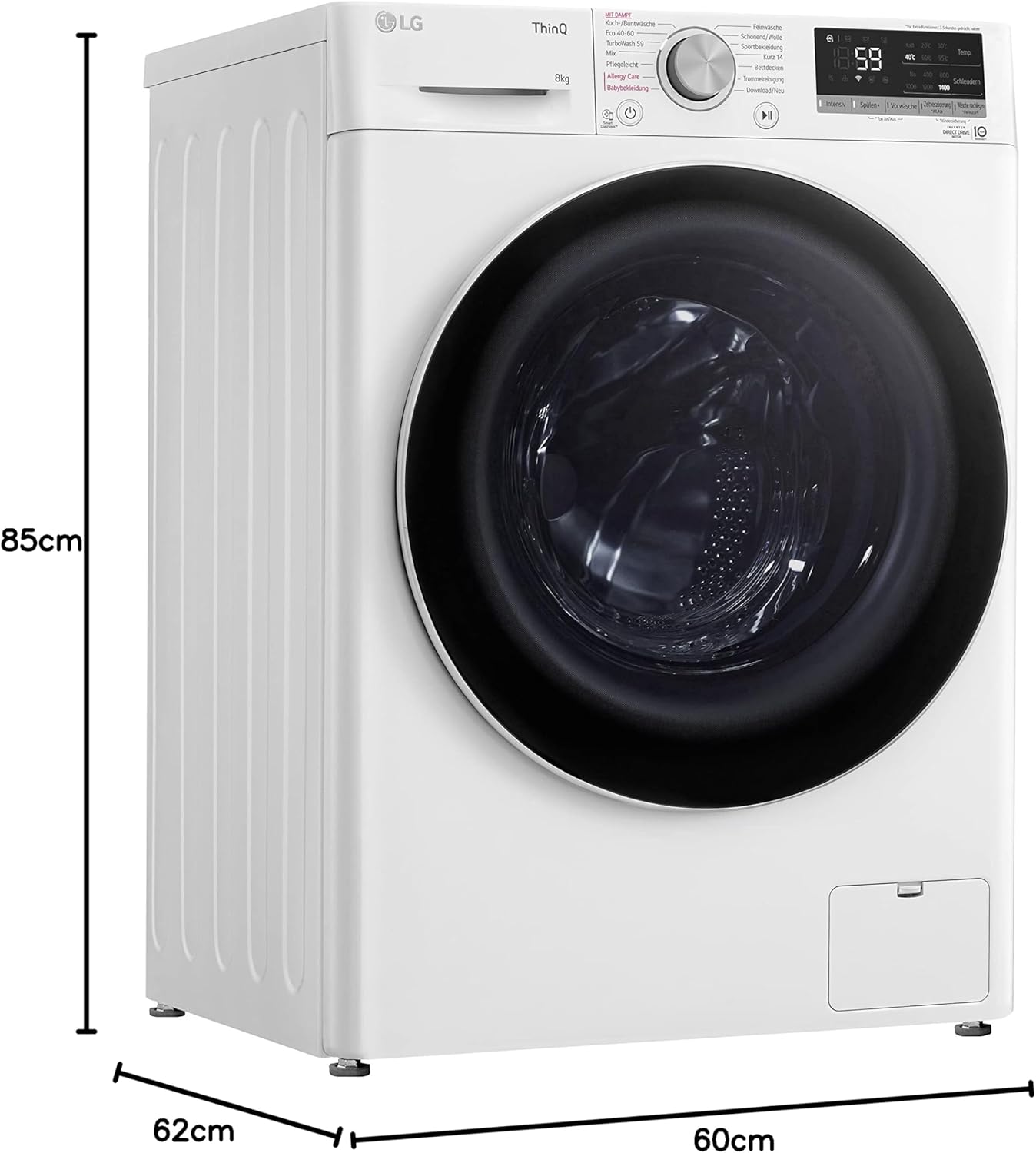 LG F4WV7080, Klasse A, Frontlader-Waschmaschine 8 kg, 1400 U/Min, AI Direct Drive, Wi-Fi, Tiefenreinigung mit Dampf, Groe Kapazitt, TRIPLE A, Außentür aus Sicherheitsglas, 62 x 60 x 85 cm Wei