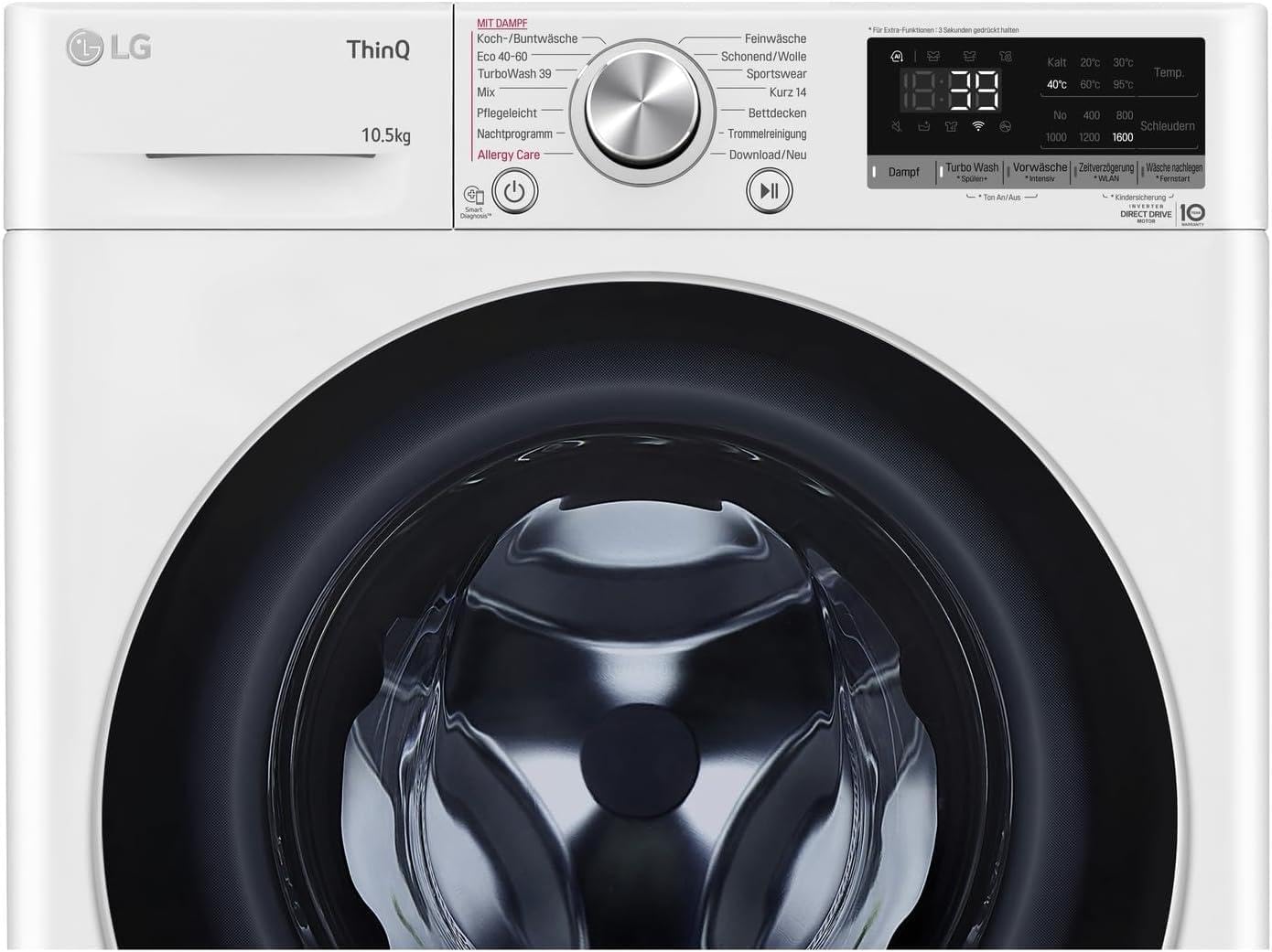 LG F4WV7080, Klasse A, Frontlader-Waschmaschine 8 kg, 1400 U/Min, AI Direct Drive, Wi-Fi, Tiefenreinigung mit Dampf, Groe Kapazitt, TRIPLE A, Außentür aus Sicherheitsglas, 62 x 60 x 85 cm Wei
