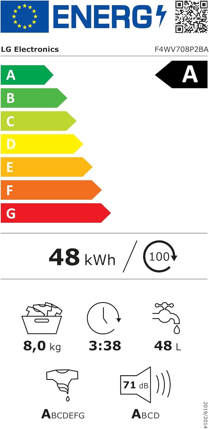 LG F4WV7080, Klasse A, Frontlader-Waschmaschine 8 kg, 1400 U/Min, AI Direct Drive, Wi-Fi, Tiefenreinigung mit Dampf, Groe Kapazitt, TRIPLE A, Außentür aus Sicherheitsglas, 62 x 60 x 85 cm Wei