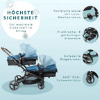babyGO Kinderwagen 3 in 1 für Zwillinge - Geschwisterkinderwagen/Geschwisterwagen für Babys - Zwillingskinderwagen/Zwillingswagen für 2 Kinder mit viel Zubehör (Blau Melange-ohne Babyschale)