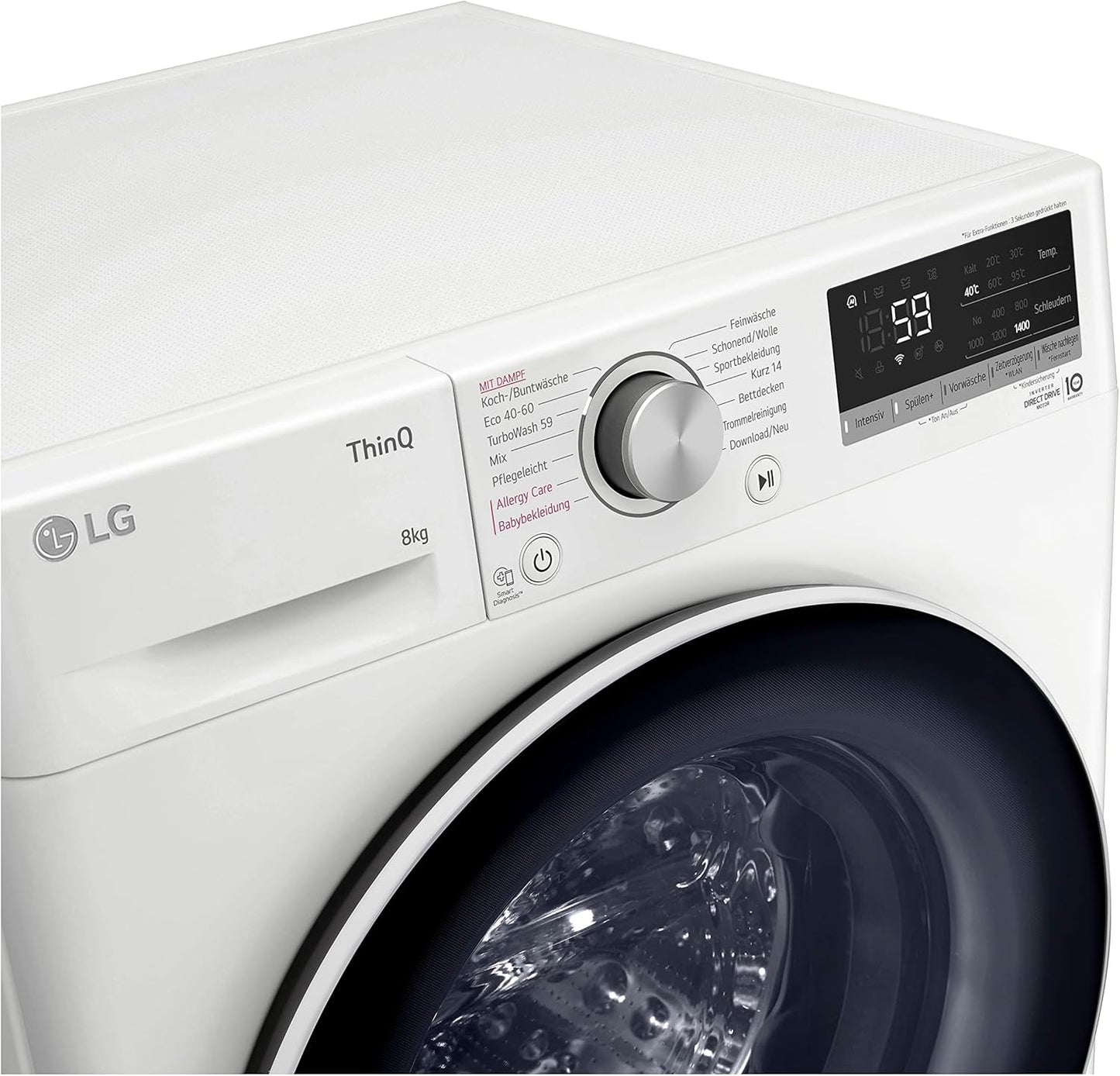 LG F4WV7080, Klasse A, Frontlader-Waschmaschine 8 kg, 1400 U/Min, AI Direct Drive, Wi-Fi, Tiefenreinigung mit Dampf, Groe Kapazitt, TRIPLE A, Außentür aus Sicherheitsglas, 62 x 60 x 85 cm Wei