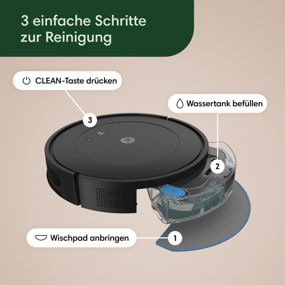 iRobot Roomba Combo Essential Saug- und Wischroboter (Y0112), leistungsstarkes Saugen und Wischen, 4-Stufen-Reinigungssystem, 3 Saugstufen, Spot-Cleaning, steuerbar über App, Tasten oder Sprache, Wei