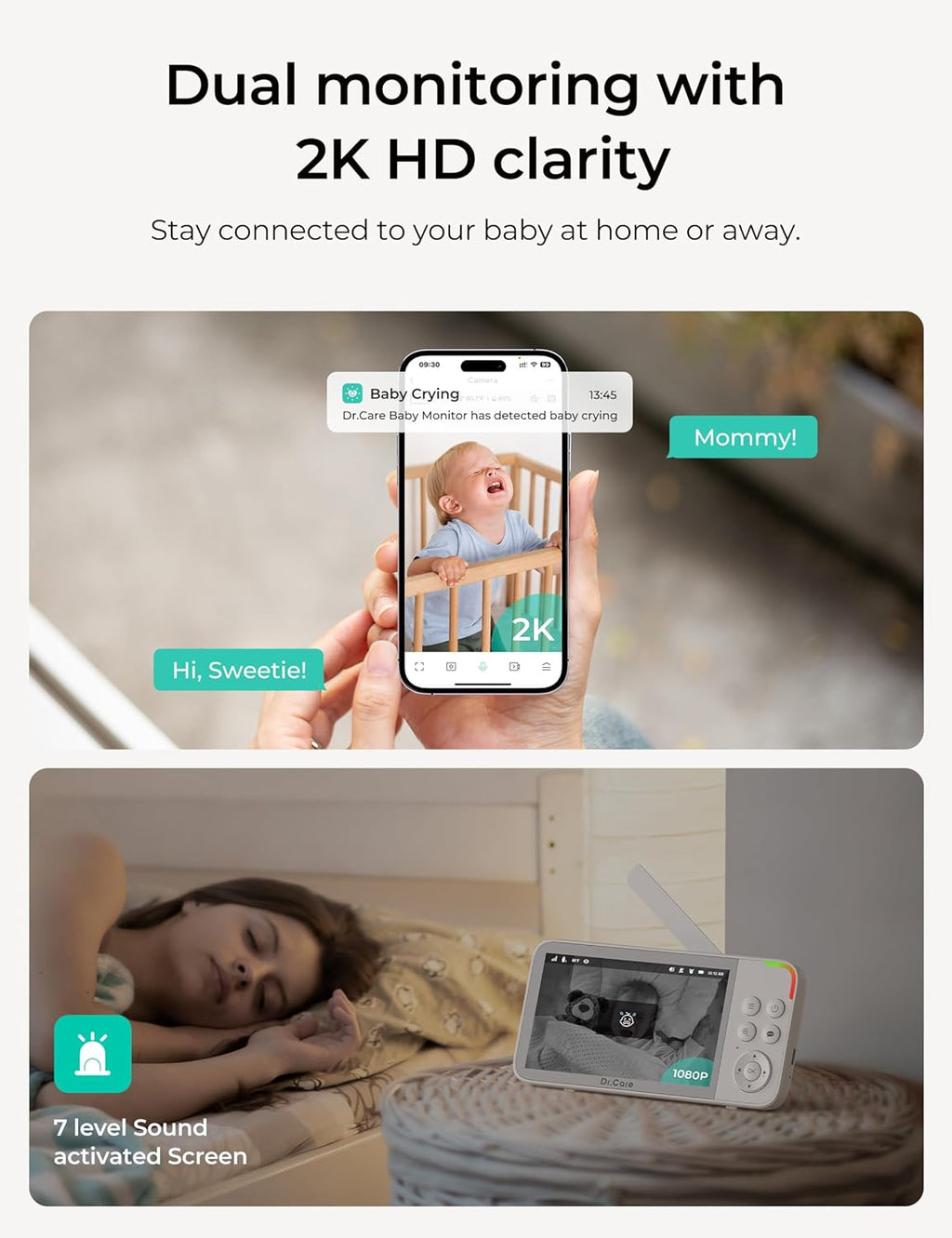 Dr.Care VistaView Smart WLAN Babyphone mit 2 Kameras, 5” 1080P HD, 2K Kamera, App-Steuerung, Bewegungs- & Weinen-Alarm, Nachtsicht, 5000mAh, Zwei-Wege-Audio, 390m Reichweite